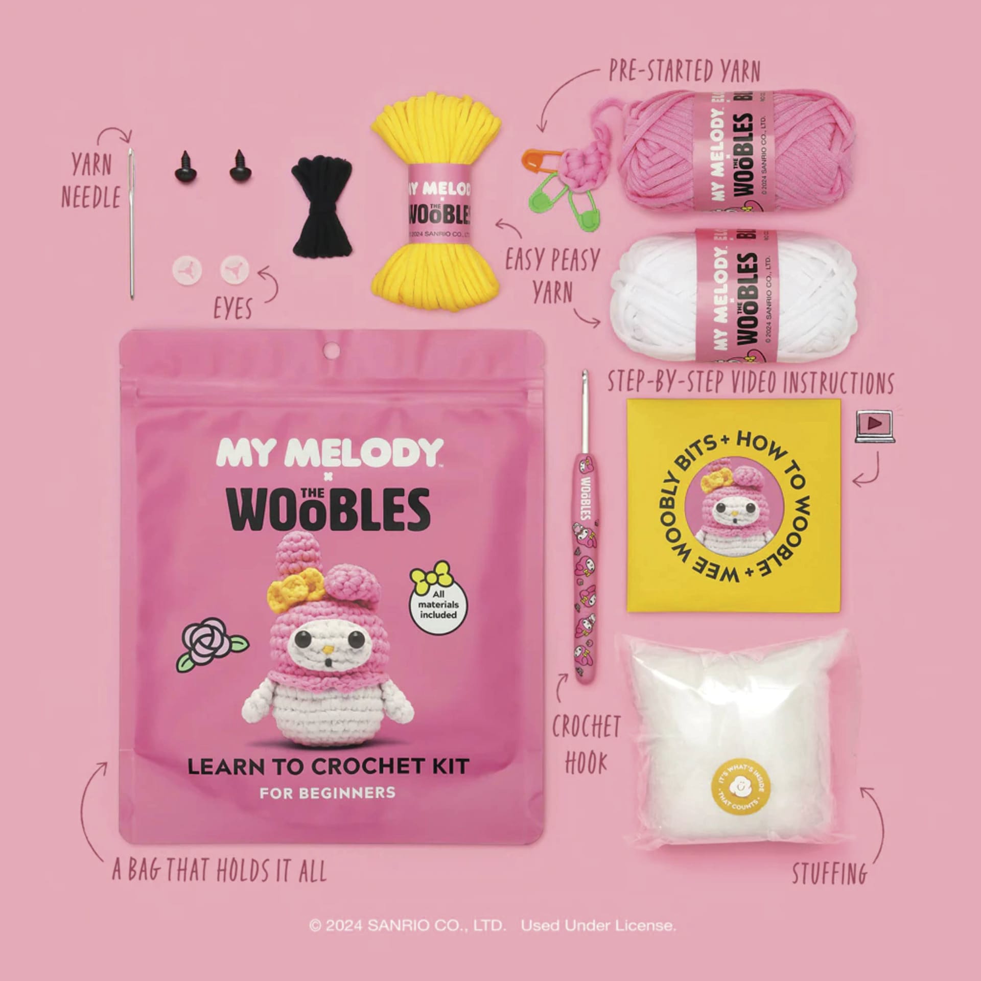The Woobles Beginner Crochet Amigurumi Kit - My Melody from Hello