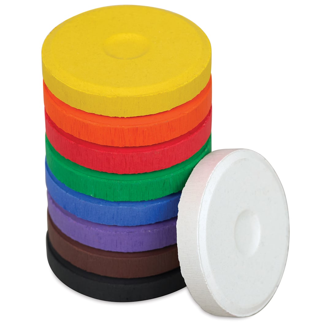 Open in modal - Blick Essentials Tempera Cakes - Set of 9, Small, Classic Colors, stack of cakes with one on the side