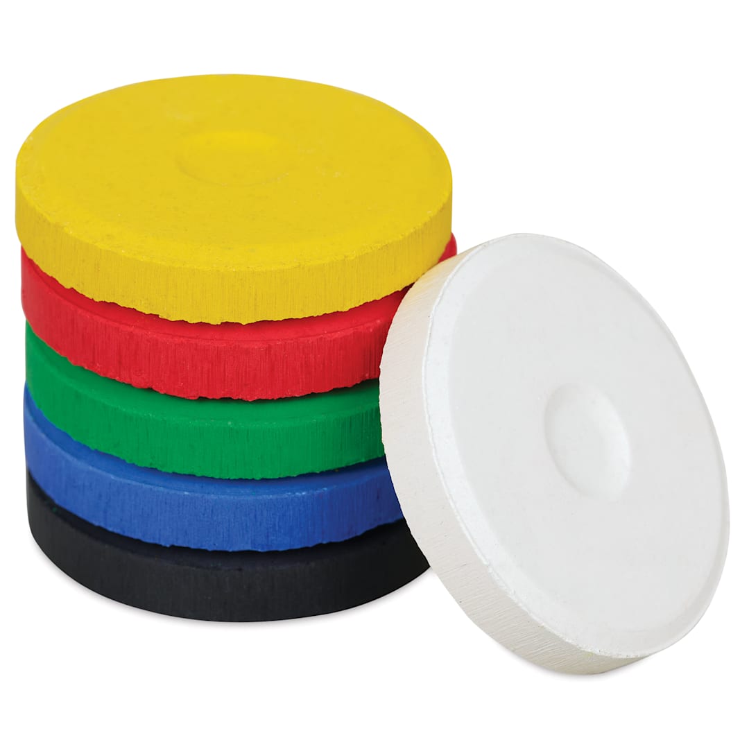 Open in modal - Blick Essentials Tempera Cakes - Set of 6, Small, Primary Colors, stack of cakes with one on the side