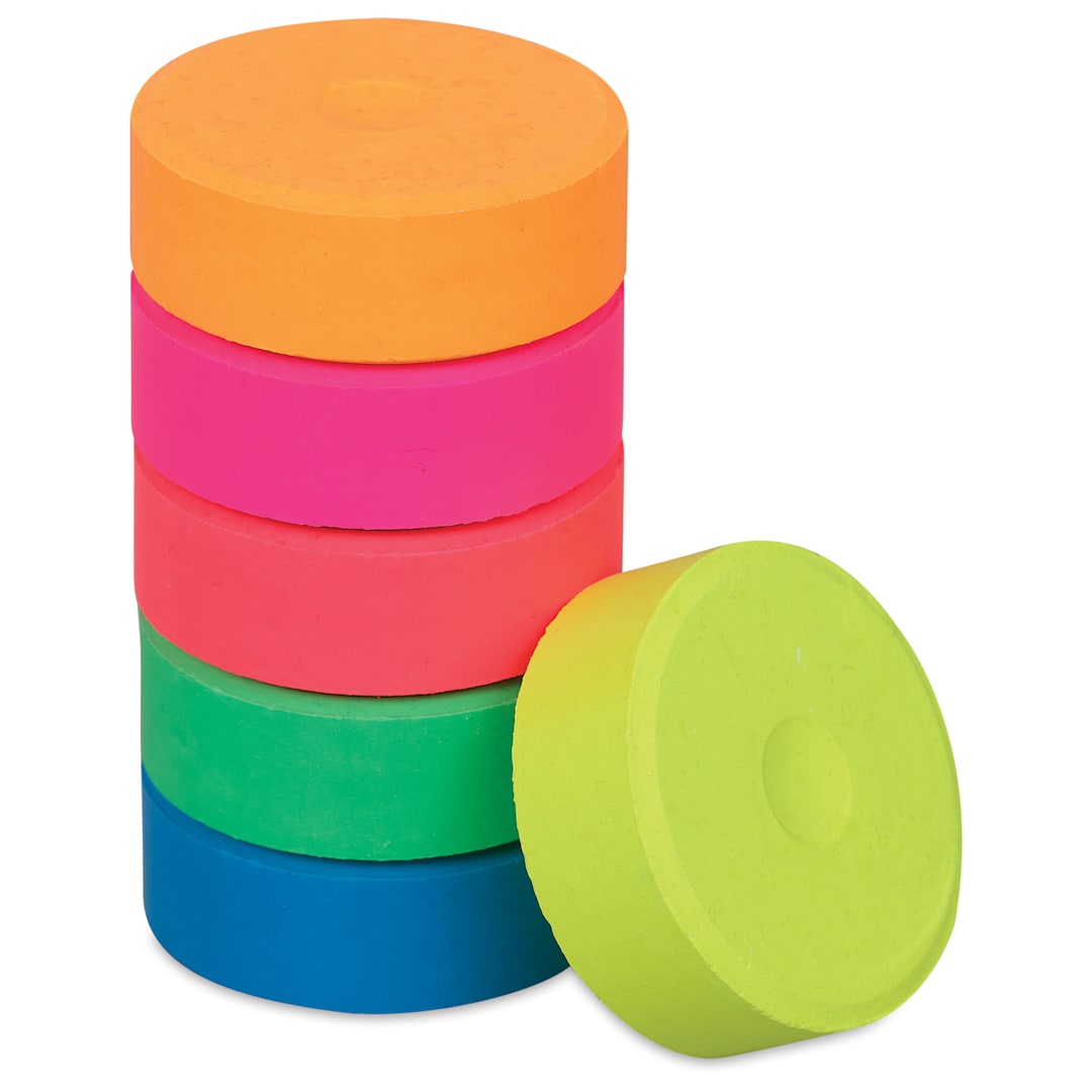 Open in modal - Blick Essentials Tempera Cakes - Set of 6, Medium, Fluorescent Colors, stack of cakes with one on the side