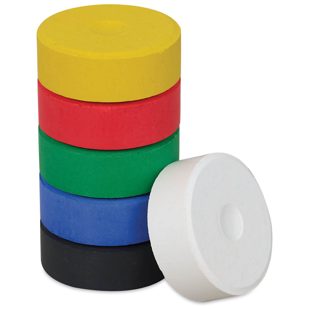 Open in modal - Blick Essentials Tempera Cakes - Set of 6, Medium, Primary Colors, stack of cakes with one on the side