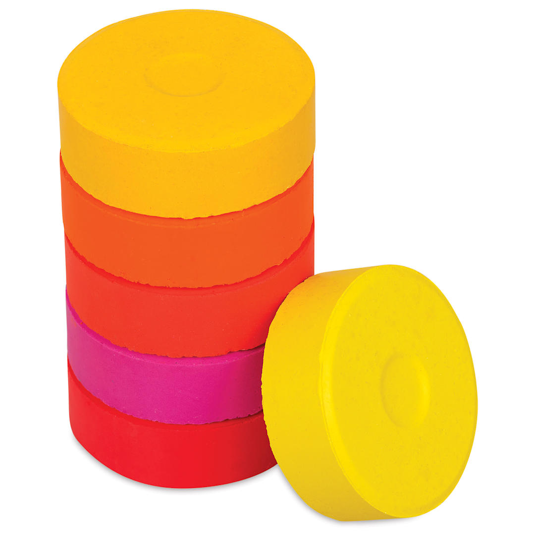 Open in modal - Blick Essentials Tempera Cakes - Set of 6, Large, Warm Colors, stack of cakes with one on side
