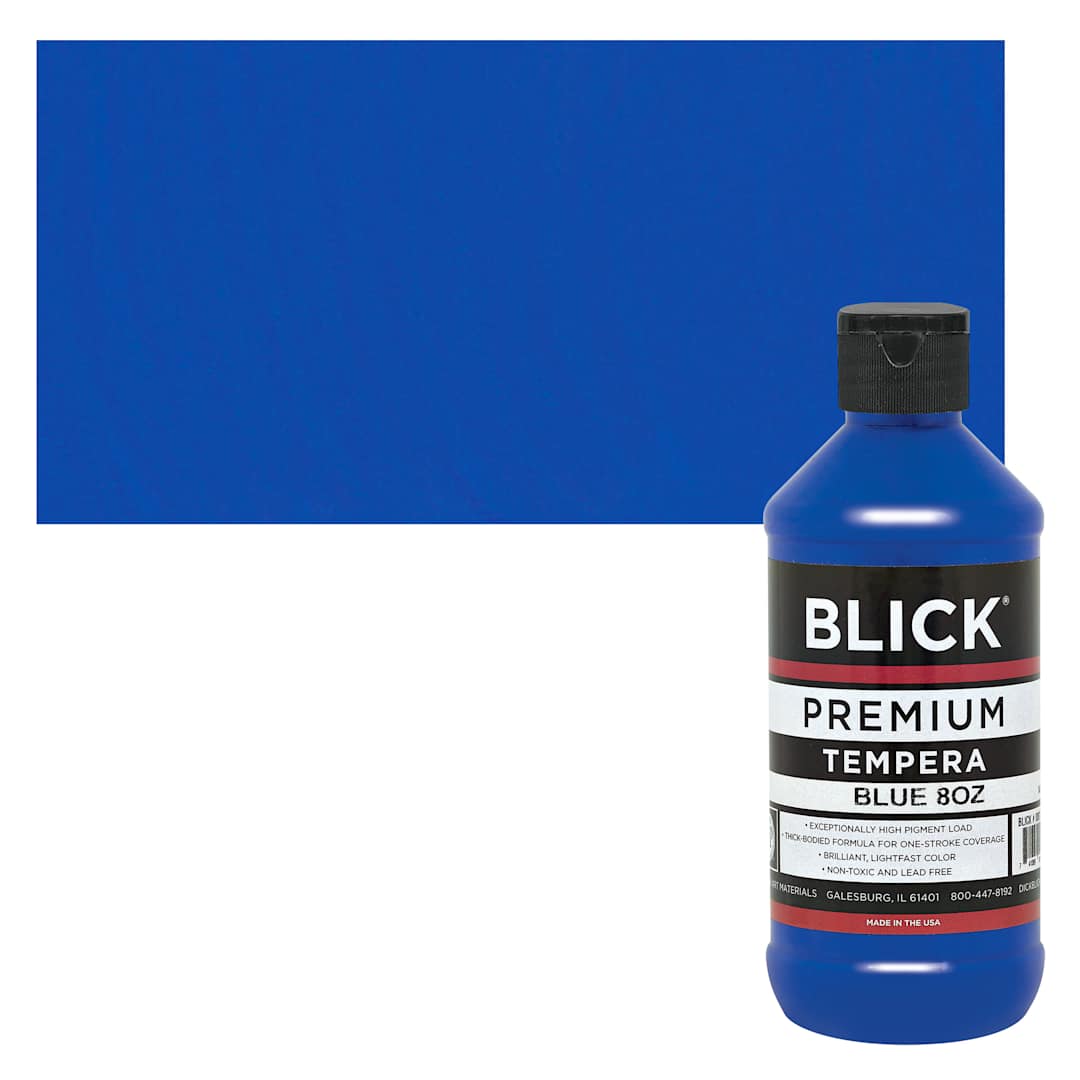 Open in modal - Blick Premium Grade Tempera - Blue, 8 oz bottle and swatch