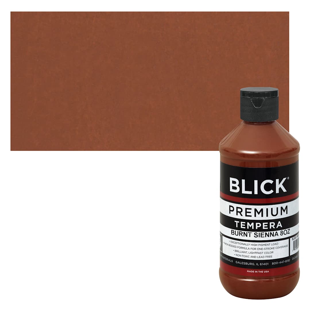 Open in modal - Blick Premium Grade Tempera - Burnt Sienna, 8 oz bottle and swatch