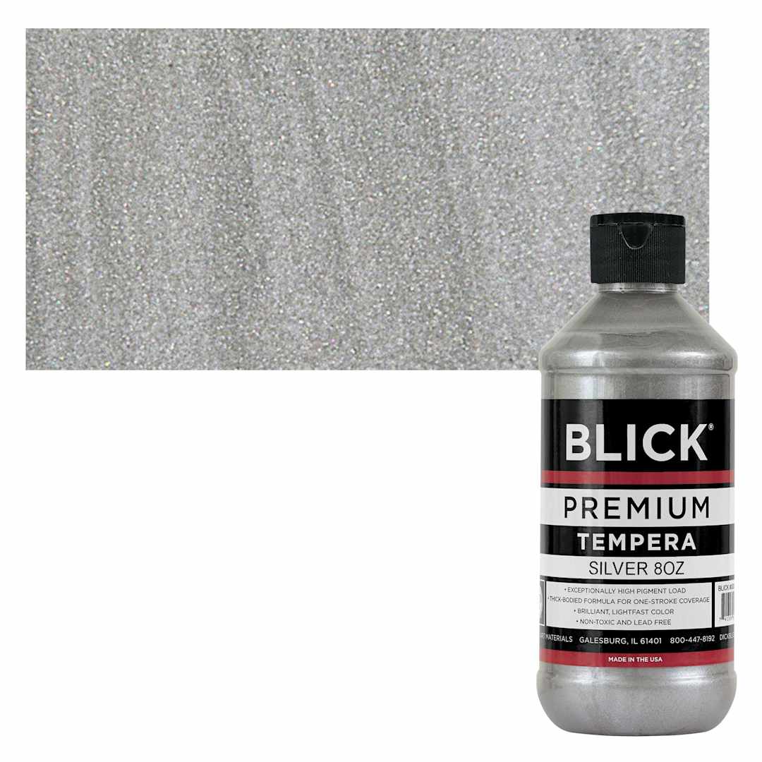 Open in modal - Blick Premium Grade Tempera - Silver, 8 oz bottle and swatch