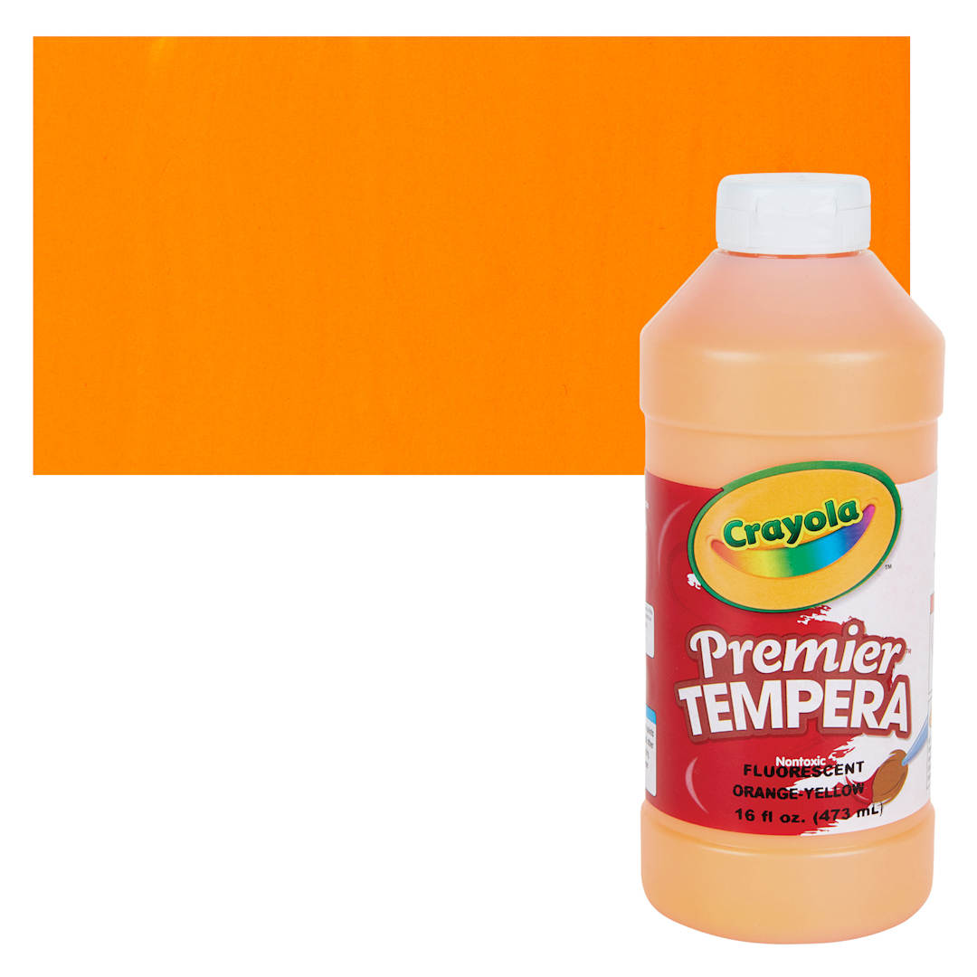 Open in modal - Crayola Premier Tempera - Fluorescent Orange-Yellow, 16 oz bottle and swatch