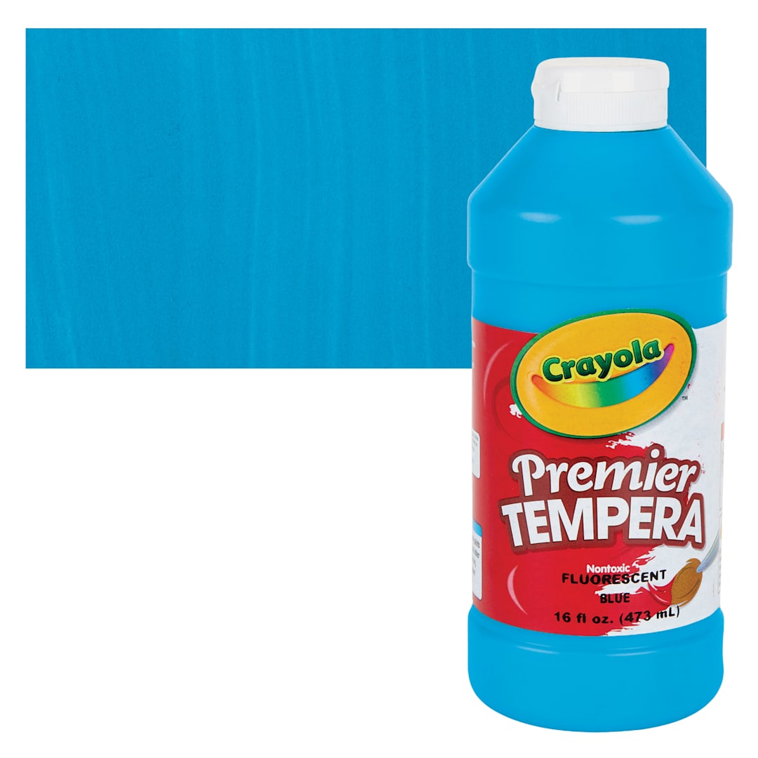 Open in modal - Crayola Premier Tempera - Fluorescent Blue, 16 oz bottle and swatch