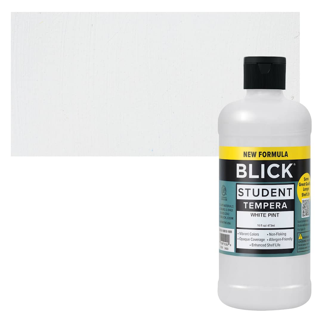 Open in modal - Blick Student Tempera Paint -  White, 16 oz bottle and swatch