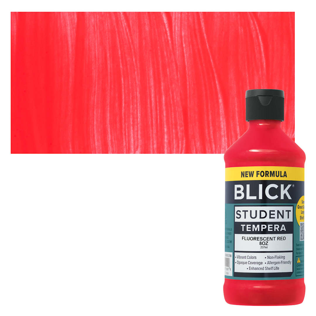 Open in modal - Blick Student Tempera Paint - Fluorescent Red, 8 oz Bottle and swatch