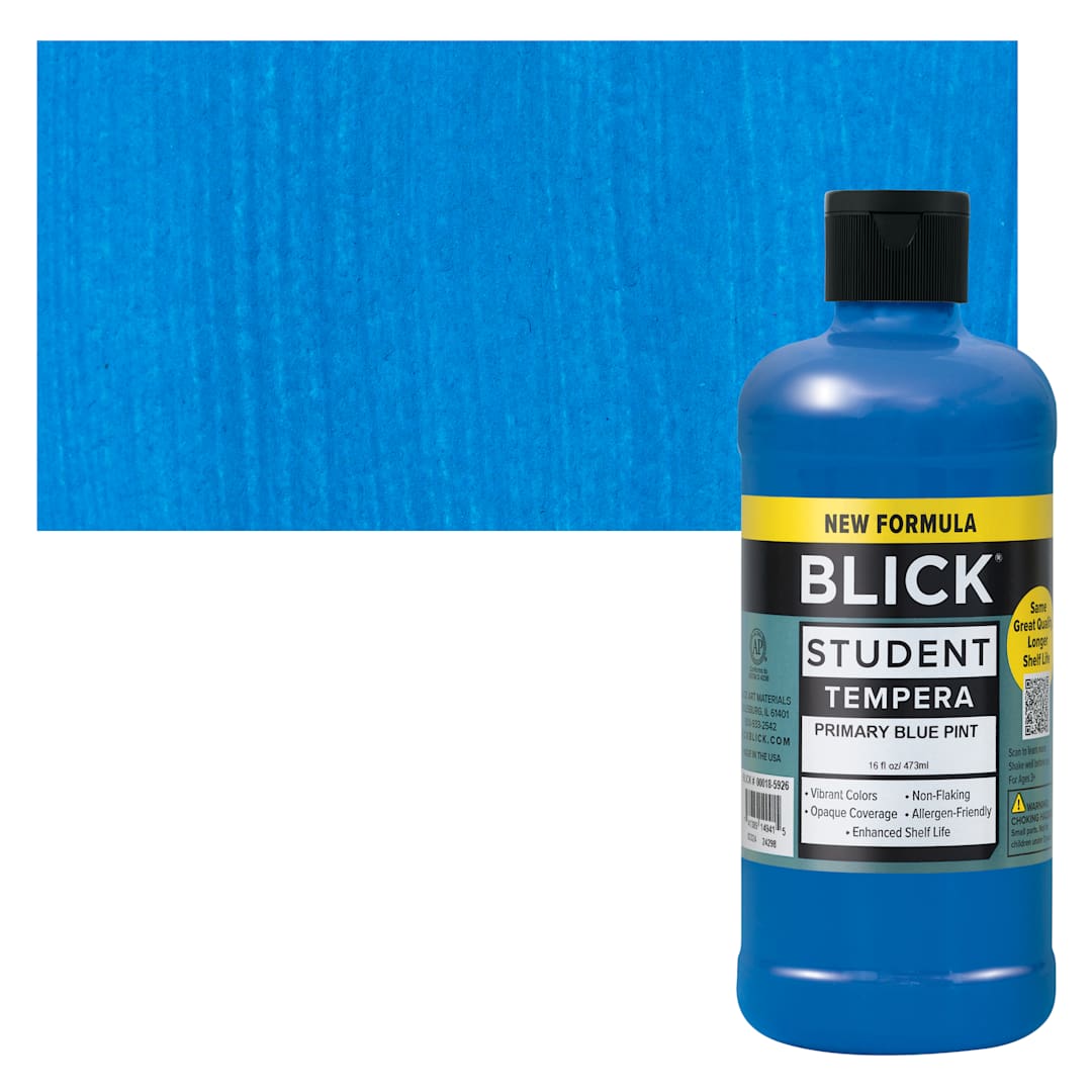 Open in modal - Blick Student Tempera Paint - Primary Blue, 16 oz bottle and swatch