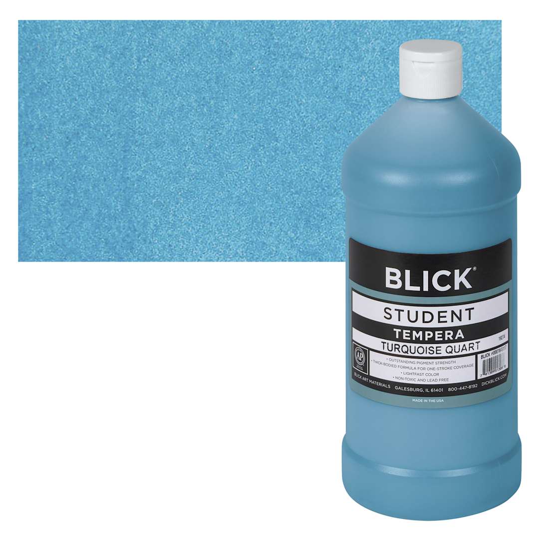 Open in modal - Blick Original Formula Student Tempera Paint - Turquoise, 32 oz bottle and swatch