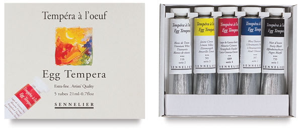 Open in modal - Sennelier Artists Egg Tempera - 5 tubes of 5 pc Set shown in tray with lid adjacent