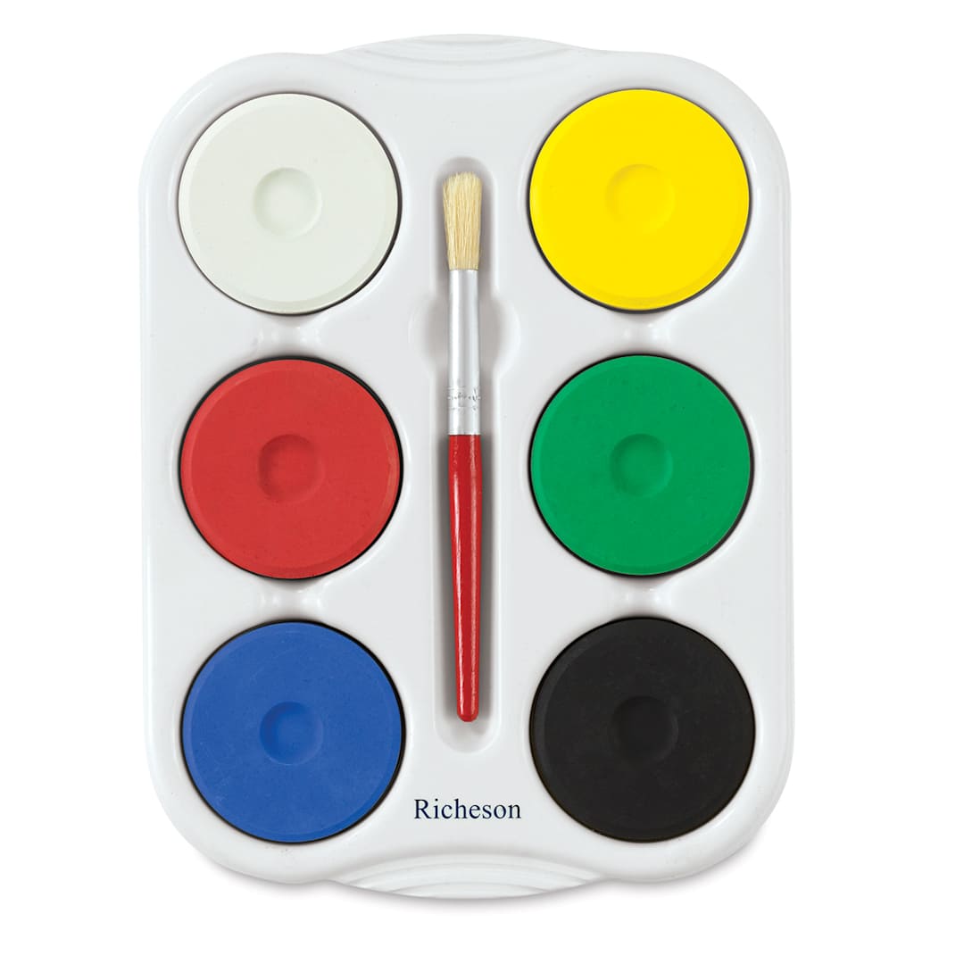 Open in modal - Richeson Tempera Cakes - Set of 6 with Tray and Brush, Standard Colors, Large Cakes