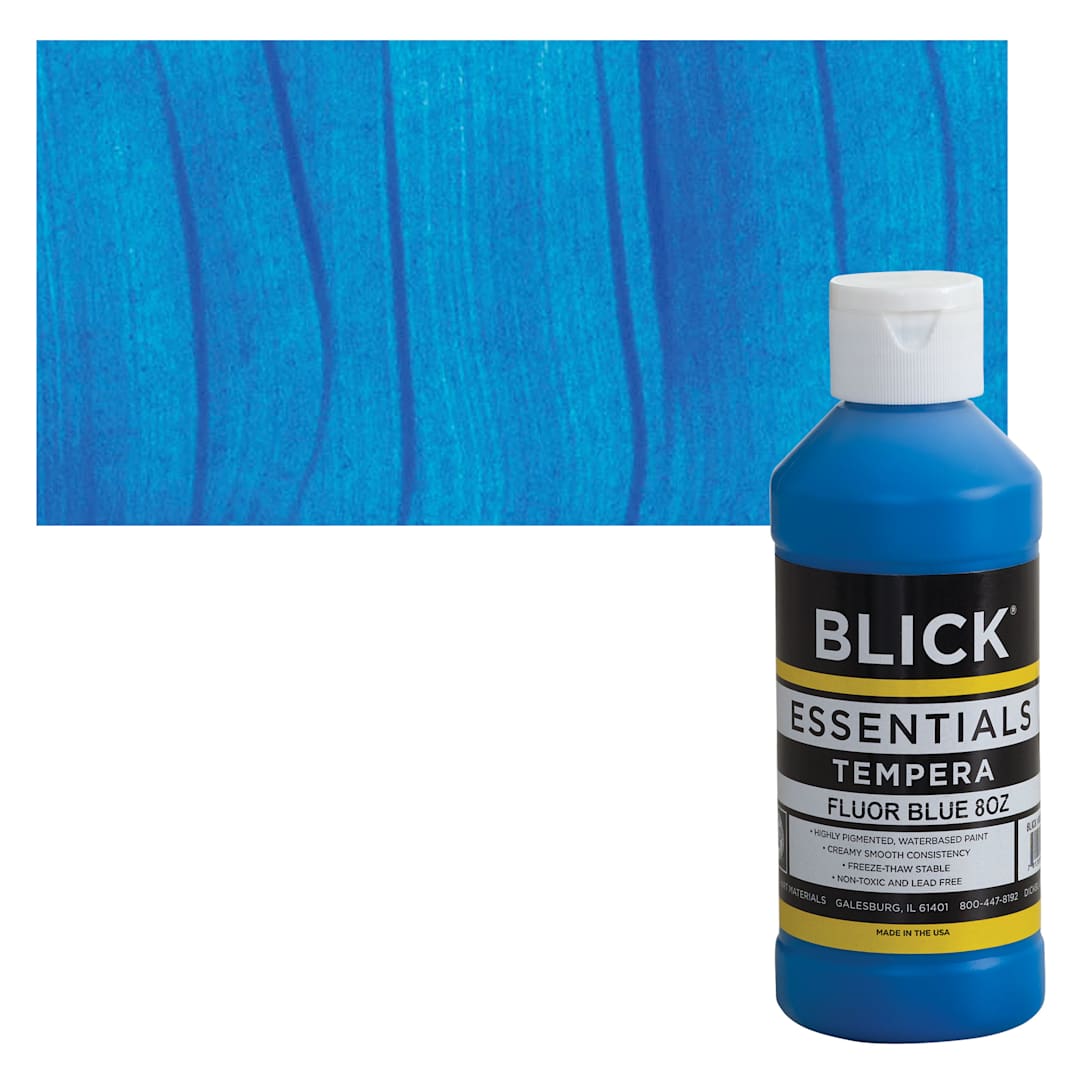 Open in modal - Blick Essentials Tempera - Fluorescent Blue, 8 oz bottle and swatch