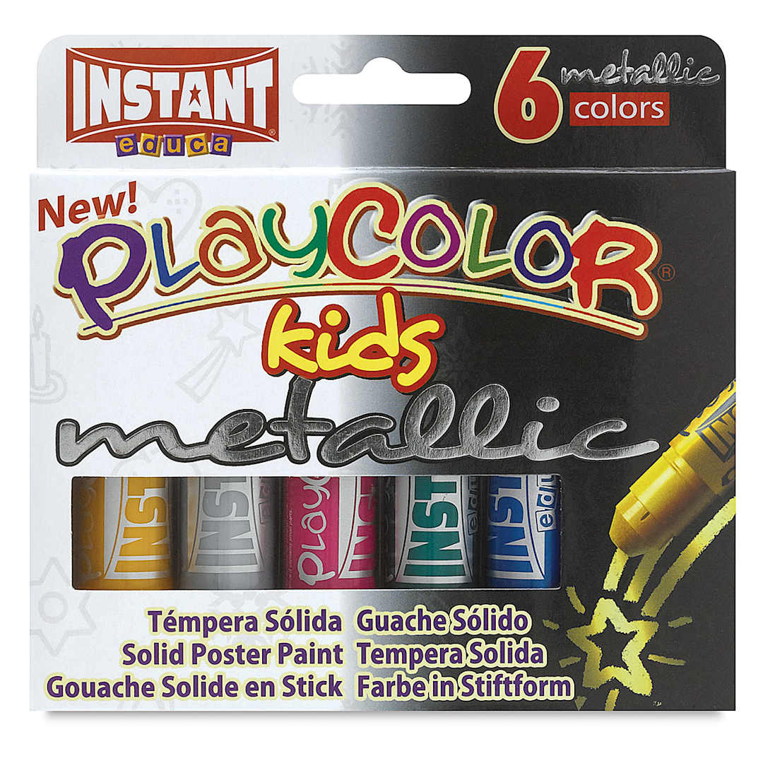 Open in modal - Playcolor Tempera Paint Stick Sets - Front of 6 pc Pocket Size Metallic Markers package