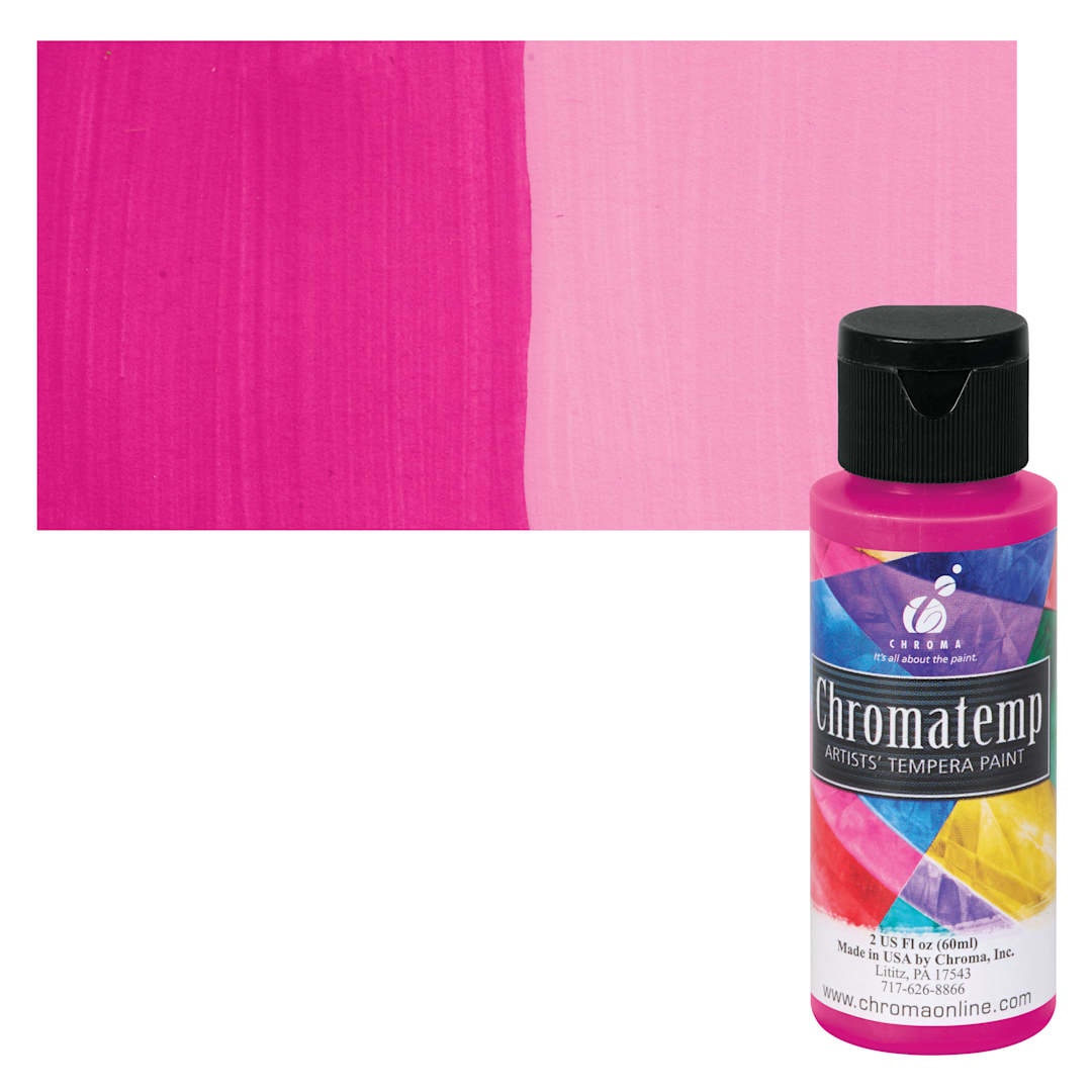 Open in modal - Chroma Chromatemp Artists' Tempera Paint - Magenta, 2 oz bottle and swatch