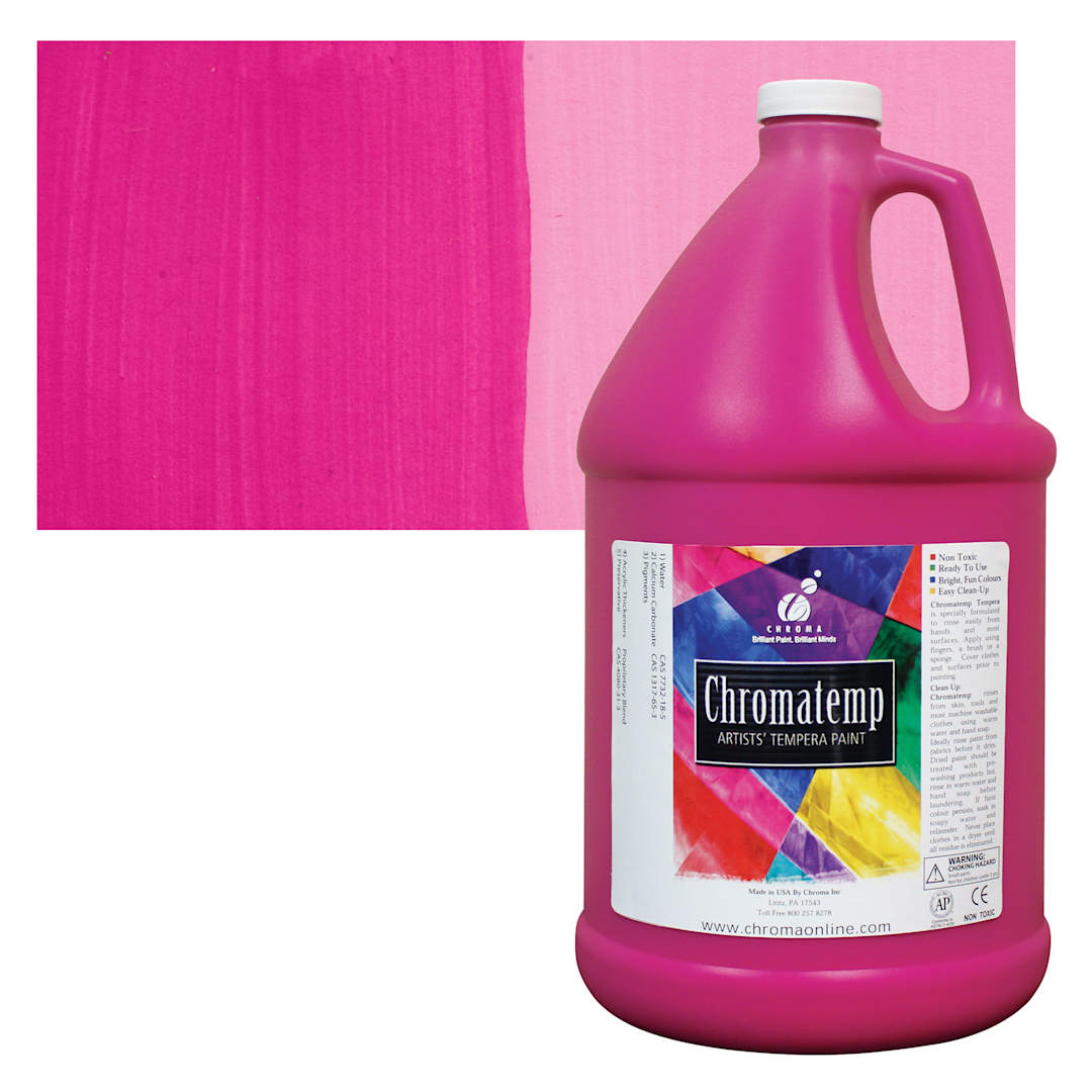 Open in modal - Chroma Chromatemp Artists' Tempera Paint - Magenta, 128 oz bottle and swatch