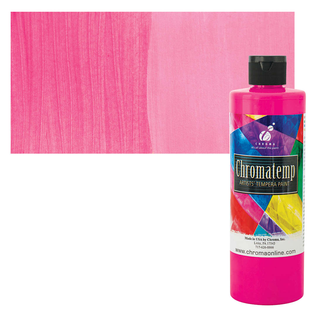 Open in modal - Chroma Chromatemp Artists' Tempera Paint - Fluorescent Pink, Pint and swatch