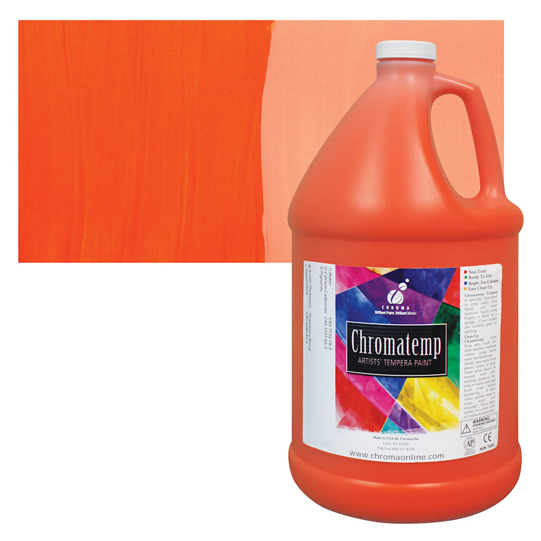 Open in modal - Chroma Chromatemp Artists' Tempera Paint - Orange, 128 oz bottle and swatch