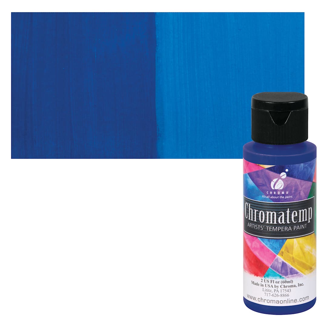 Open in modal - Chroma Chromatemp Artists' Tempera Paint - Phthalo Blue, 2 oz bottle and swatch