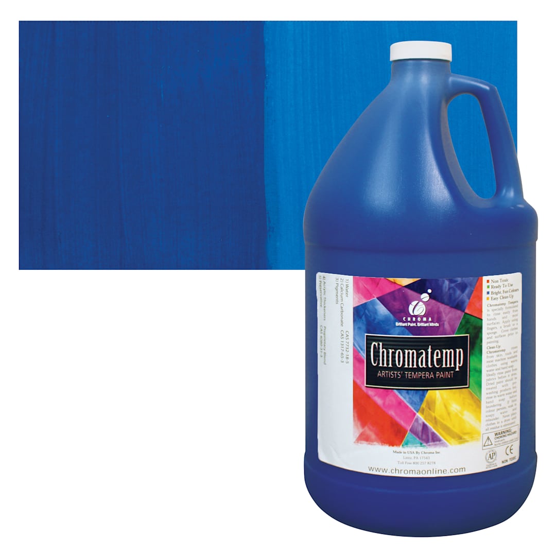 Open in modal - Chroma Chromatemp Artists' Tempera Paint - Phthalo Blue, 128 oz bottle and swatch