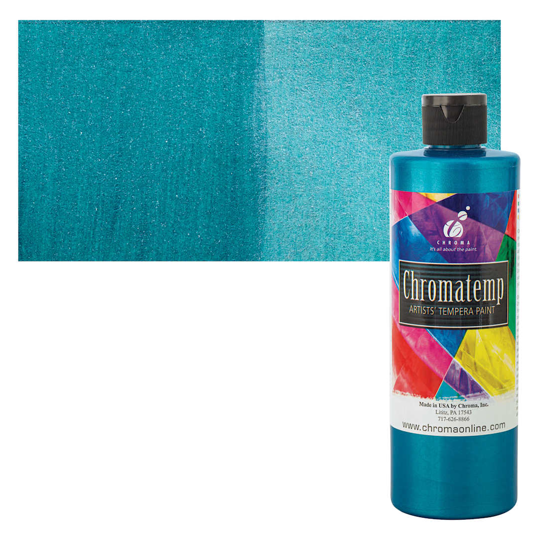 Open in modal - Chroma Chromatemp Artists' Tempera Paint - Pearlescent Turquoise, Pint and swatch