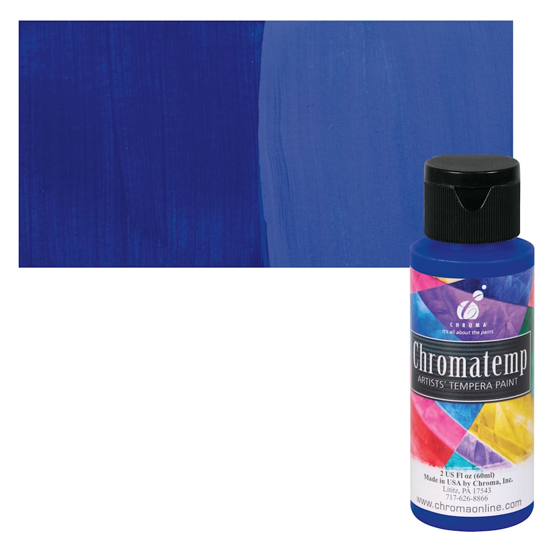 Open in modal - Chroma Chromatemp Artists' Tempera Paint - Ultramarine Blue, 2 oz bottle and swatch