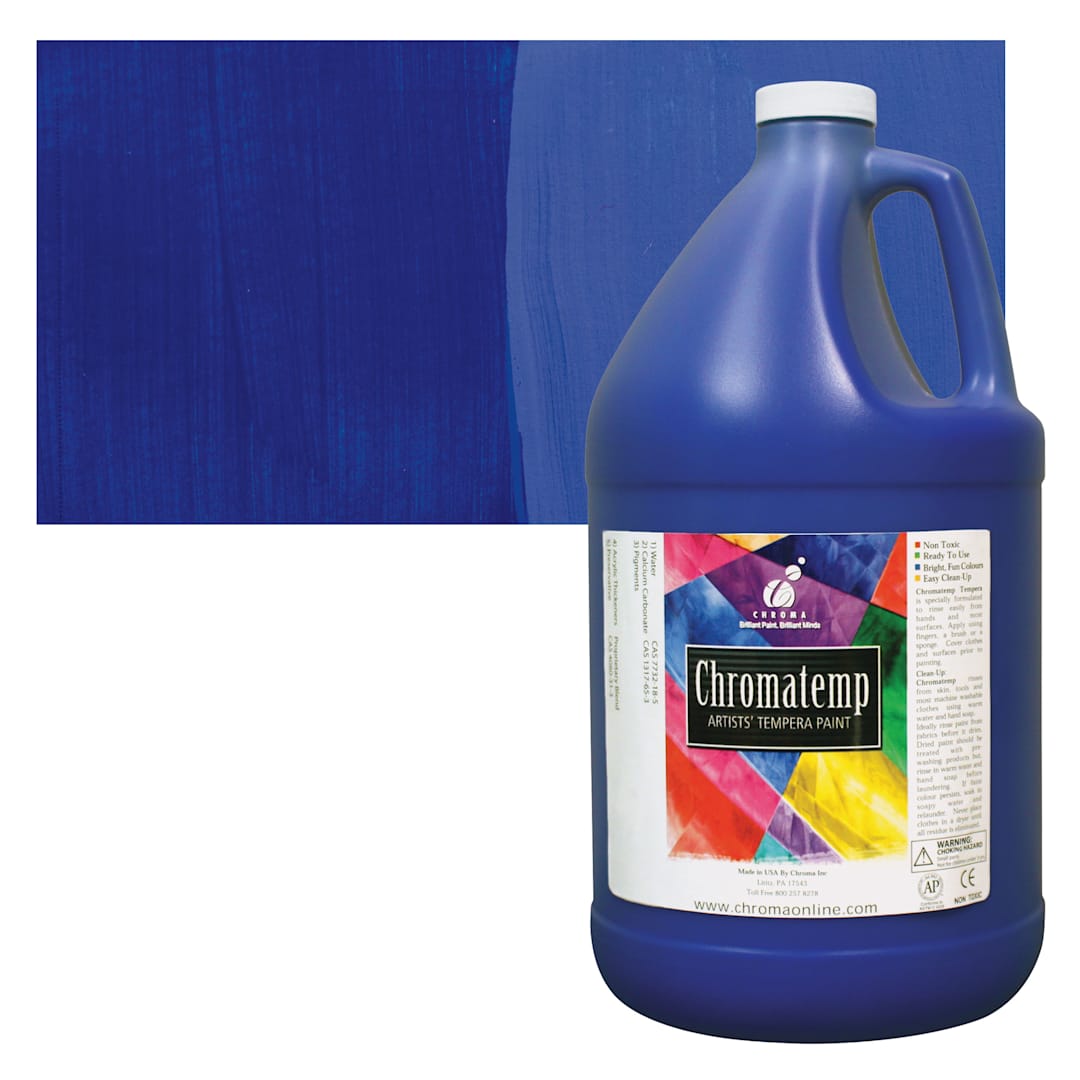 Open in modal - Chroma Chromatemp Artists' Tempera Paint - Ultramarine Blue, 128 oz bottle and swatch