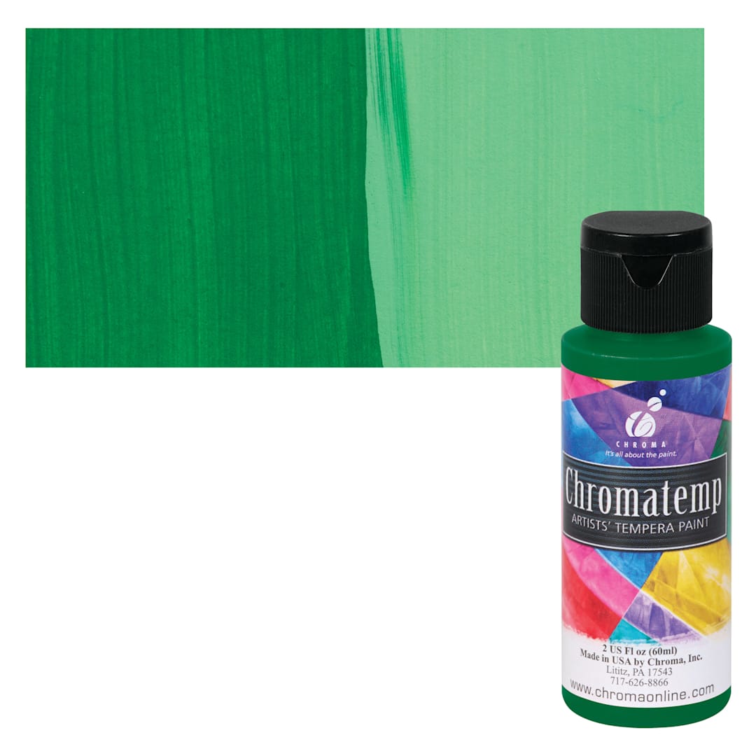 Open in modal - Chroma Chromatemp Artists' Tempera Paint - Green, 2 oz bottle and swatch