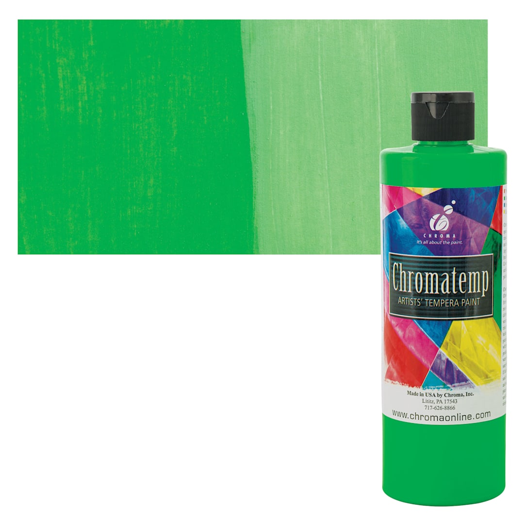 Open in modal - Chroma Chromatemp Artists' Tempera Paint - Fluorescent Green, Pint and swatch