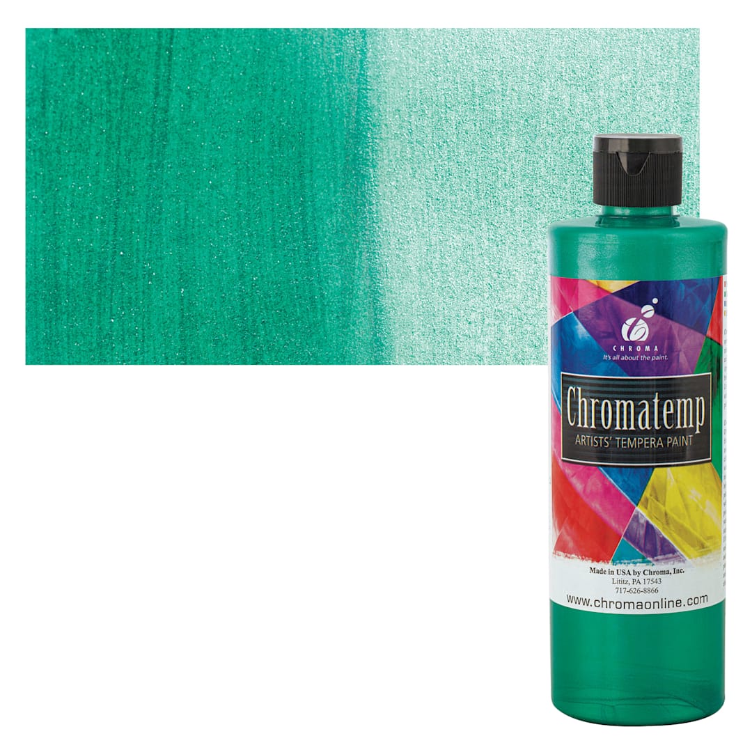 Open in modal - Chroma Chromatemp Artists' Tempera Paint - Pearlescent Green, Pint and swatch