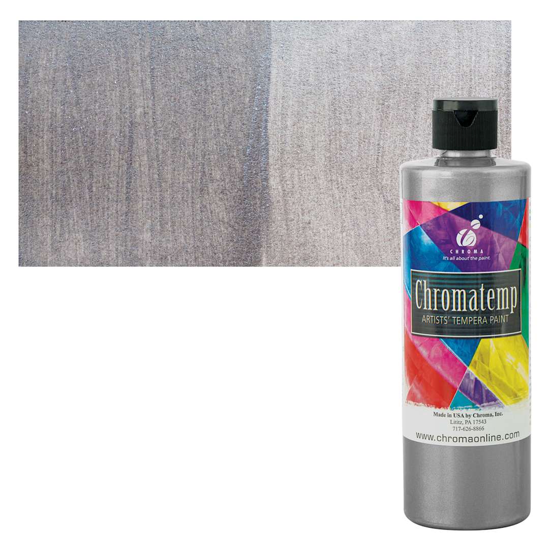 Open in modal - Chroma Chromatemp Artists' Tempera Paint - Pearlescent Silver, Pint and swatch