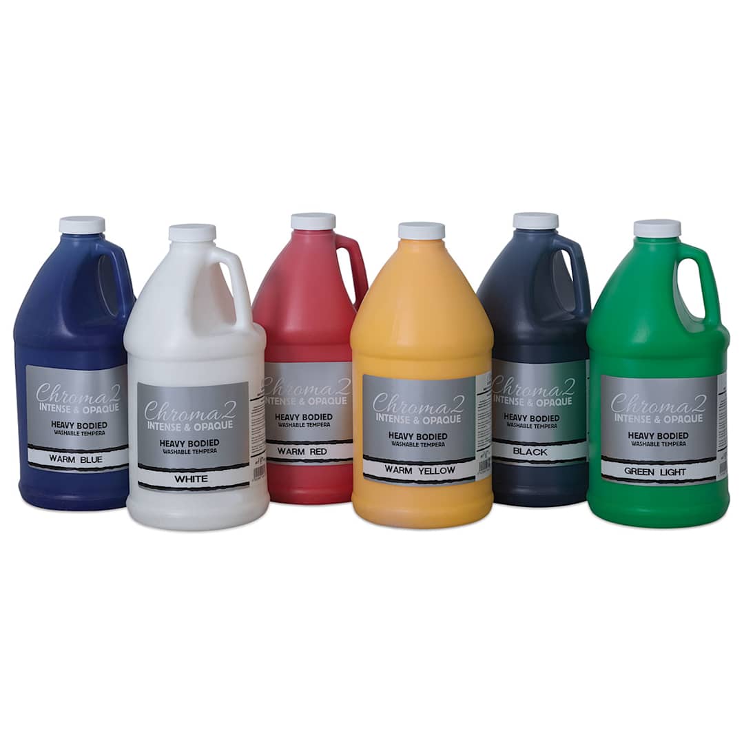 Open in modal - Chroma 2 Washable Tempera Paint - Set of 6 Half Gallon jugs of Warm colors in row