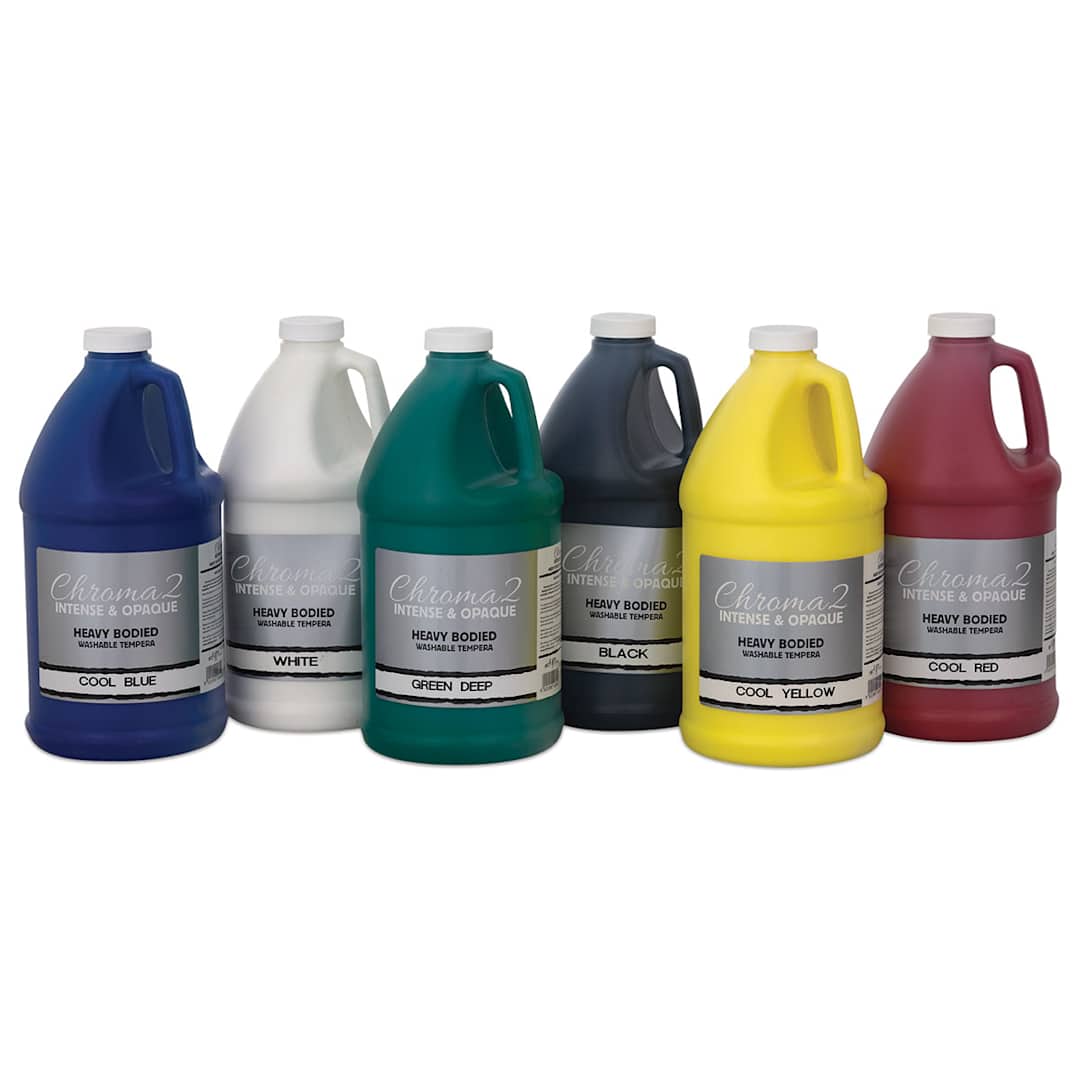 Open in modal - Chroma 2 Washable Tempera Paint - Set of 6 Half Gallon jugs of Cool colors in row
