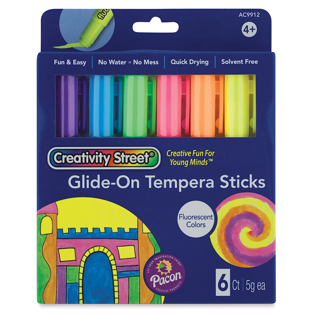 Open in modal - Creativity Street Glide-On Tempera Stick Sets - Front of 6 pc package of Fluorescent colors 