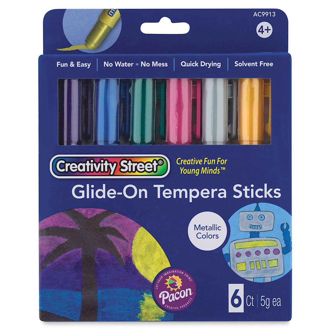 Open in modal - Creativity Street Glide-On Tempera Stick Sets - Front of 6 pc Metallic colors