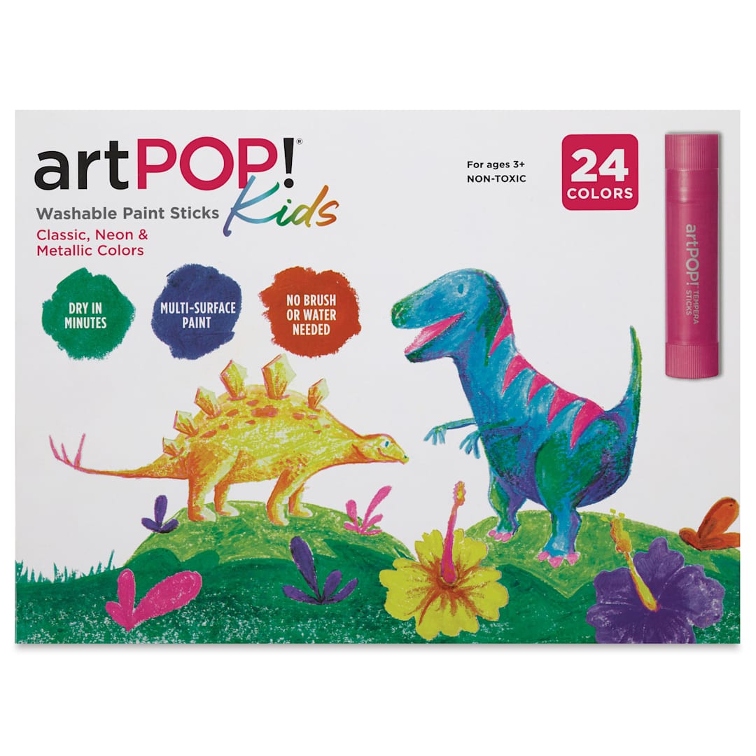 Open in modal - artPOP! Kids Washable Tempera Paint Stick Set of 24, Classic, Neon, and Metallic Colors, front of packaging