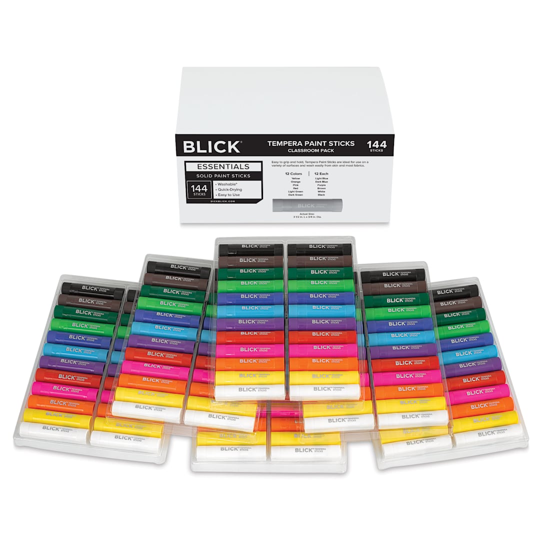 Open in modal - Blick Essentials Tempera Paint Sticks - Set of 144, tempera sticks in front of packaging