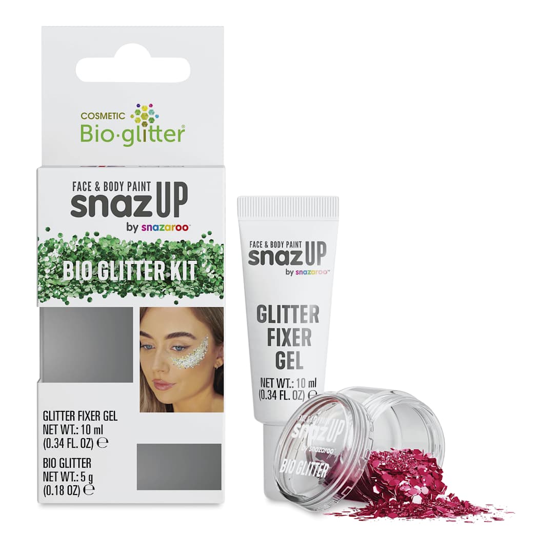 Open in modal - Snazaroo Bio Glitter Kit - Red (Glitter and Fixer Gel next to kit)
