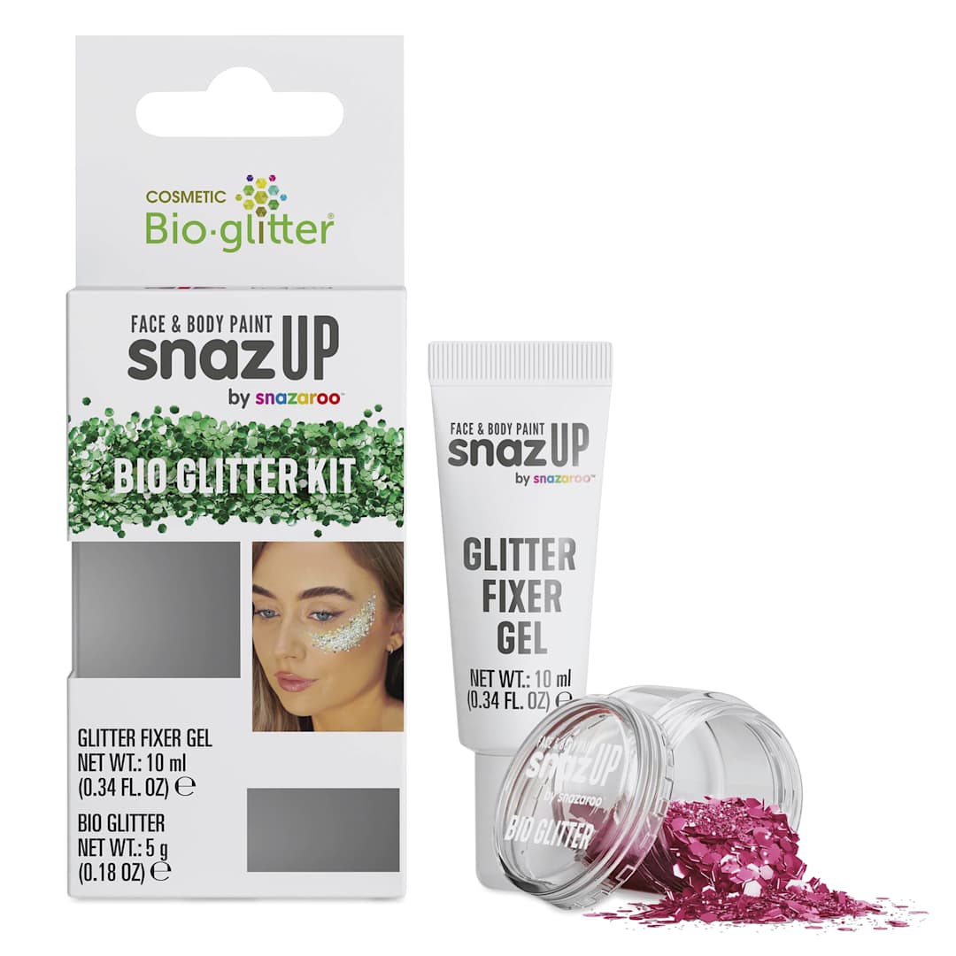 Open in modal - Snazaroo Bio Glitter Kit - Pink (Glitter and Fixer Gel next to kit)