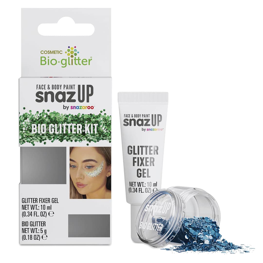 Open in modal - Snazaroo Bio Glitter Kit - Ocean Blue (Glitter and Fixer Gel next to kit)