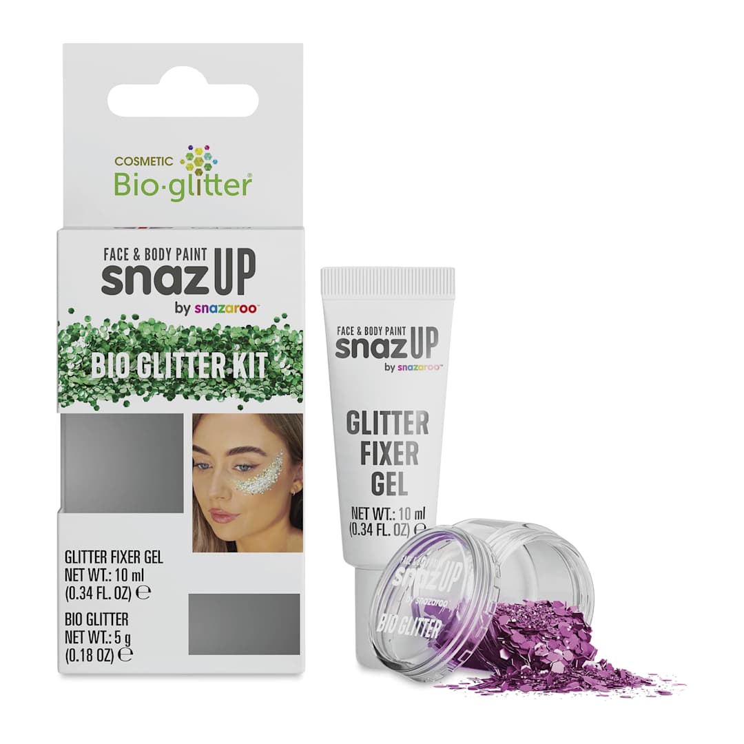 Open in modal - Snazaroo Bio Glitter Kit - Fuchsia (Glitter and Fixer Gel next to kit)