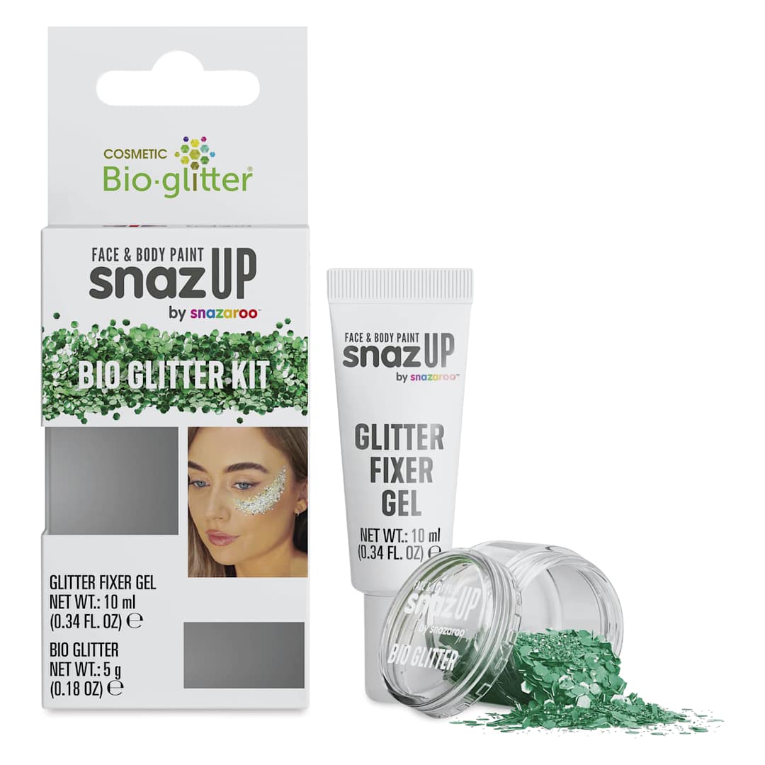 Open in modal - Snazaroo Bio Glitter Kit - Green (Glitter and Fixer Gel next to kit)