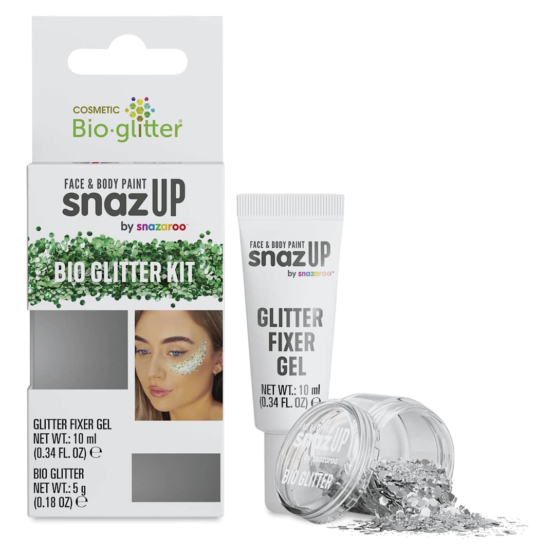 Open in modal - Snazaroo Bio Glitter Kit - Silver (Glitter and Fixer Gel next to kit)