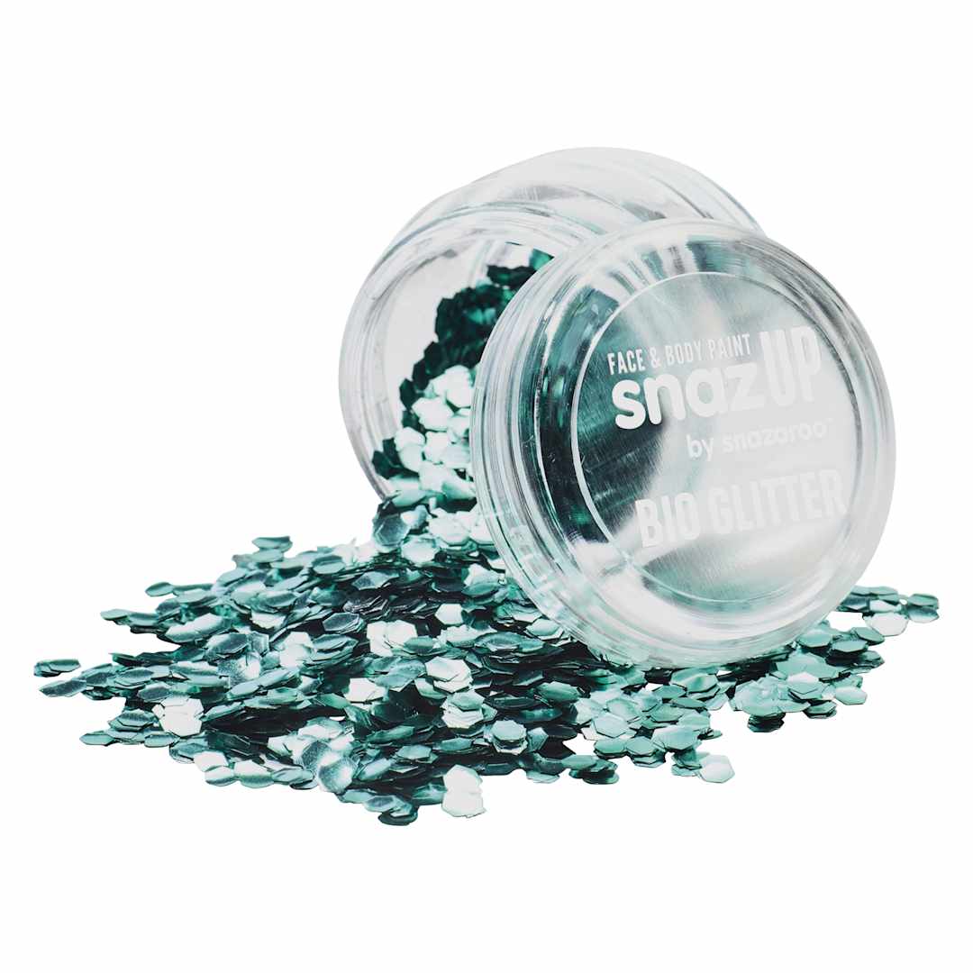 Open in modal - Snazaroo Face & Body Bio Glitter - Turquoise, Chunky, 3 g (Glitter spilling out of jar)