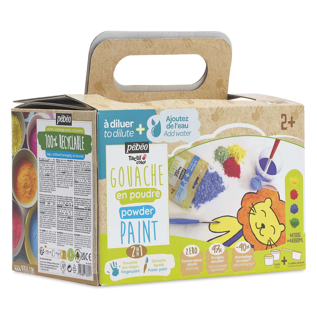 Open in modal - Pebeo Tactilcolor Powder Gouache Paints - Assorted Colors, 100 g (3.5 oz) Bags, Set of 4 (front of packaging, angled view)