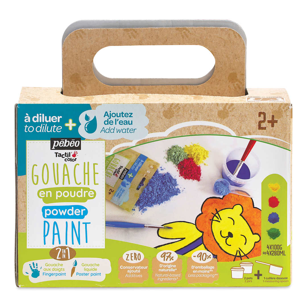 Open in modal - Pebeo Tactilcolor Powder Gouache Paints - Assorted Colors, 100 g (3.5 oz) Bags, Set of 4 (front of packaging)