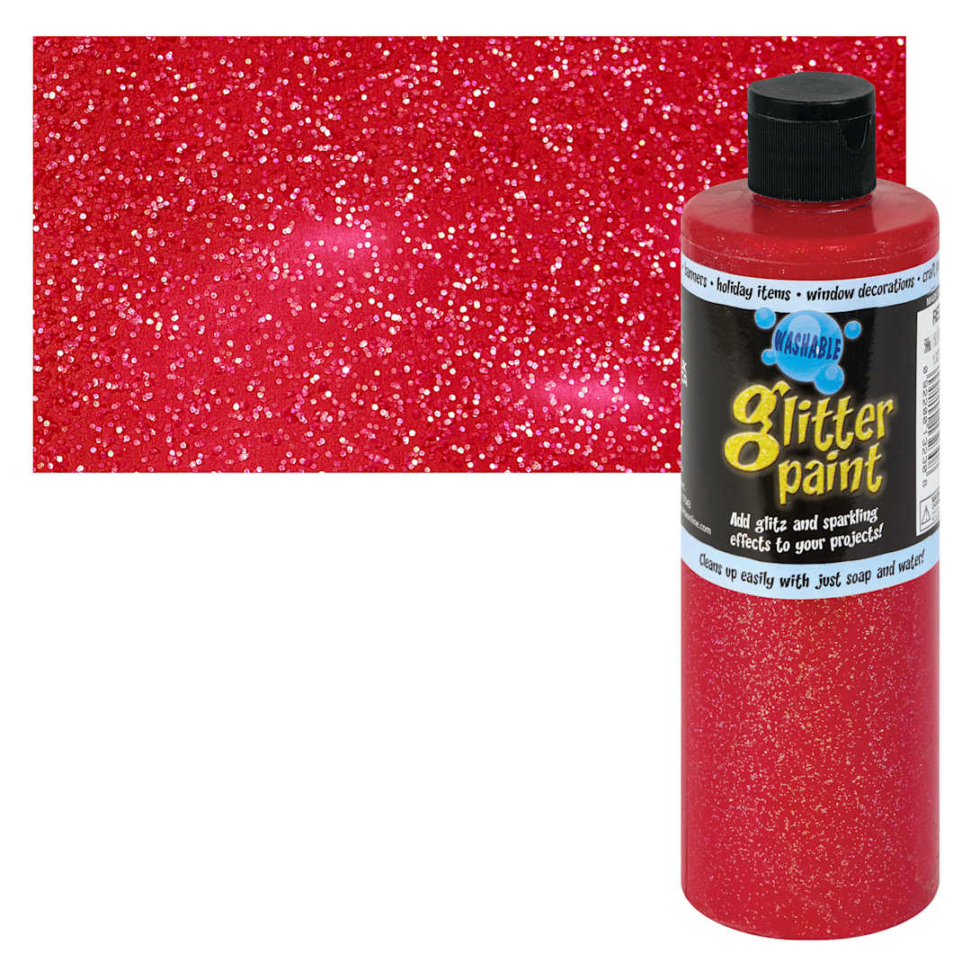 Open in modal - Chroma Glitter Tempera Paint - Red Glitter, 16 oz bottle and swatch