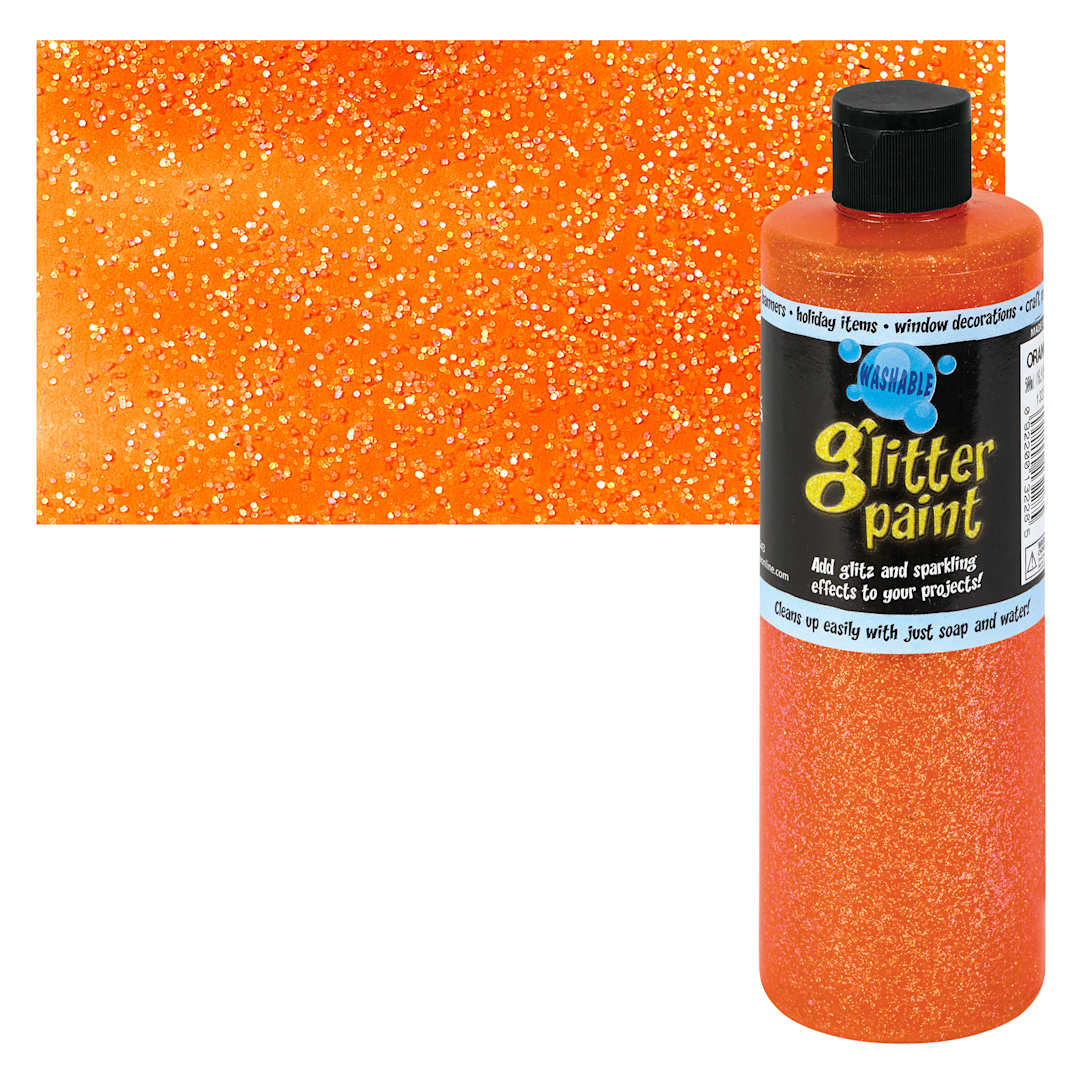 Open in modal - Chroma Glitter Tempera Paint - Orange Glitter, 16 oz bottle and swatch