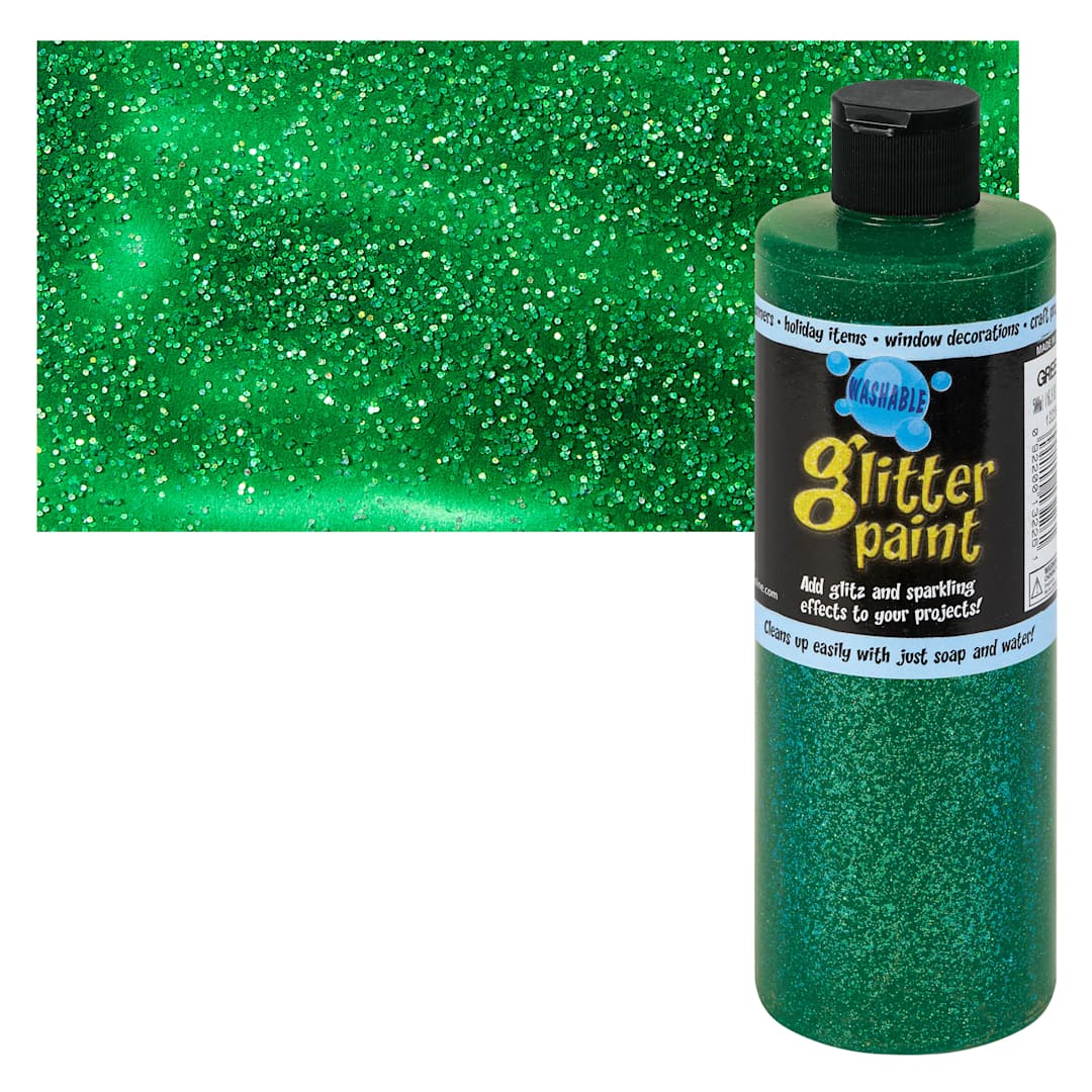 Open in modal - Chroma Glitter Tempera Paint - Green Glitter, 16 oz bottle and swatch